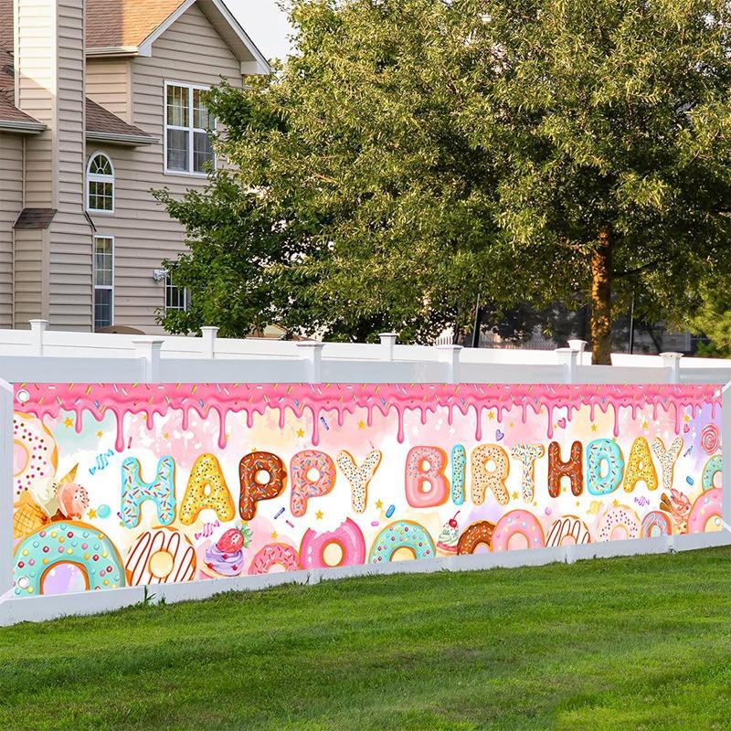 Donut Theme Party Backdrop Banner Happy Birthday Party Decor Photo Booth Background Baby Shower Girl Hanging Flag Backdrop Props