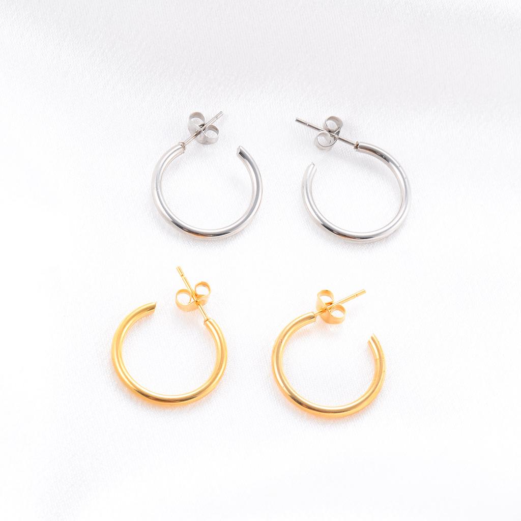 15/20mm Minimalist Stainless Steel Round Circle Loop Earrings for Women Smooth C Shape Hoop Huggie Ear Jewelry Accessories