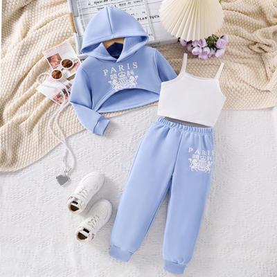 Girls' Fashion Set Autumn and Winter Children's Halter Vest with Hooded Long-sleeved Letter-printed Hoodie and Trousers Three-piece Set