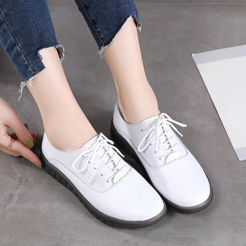 Jarní boty z pravé kůže pro ženy, ležérní protiskluzové ploché boty, univerzální bílé boty pro ženy