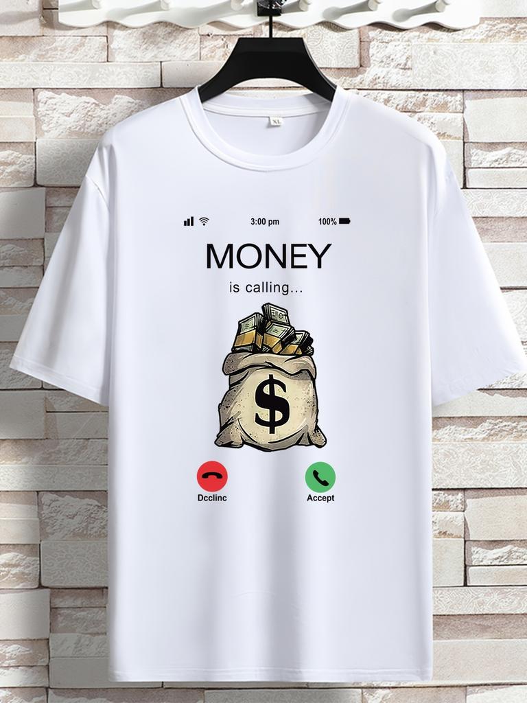 Unisexs Money Is Calling Graphic T Shirt Dollar Money Bag Incoming Call Screen Print Short Sleeve Crew Neck Casual Cotton Male Tee