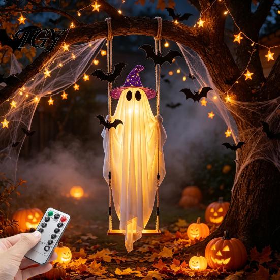 Hanging Ghost Decorations for Halloween Swing Ornament with LED String Lights Outdoor Decor, Adjustable Decorative Polyester Garden Light-Up Bat Decor