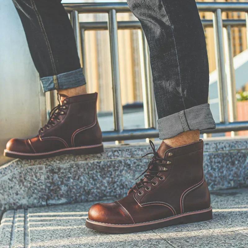 Fashion Cowhide Handmade Stitch Wear-Resistant Retro Luxury Oil Wax Skin Boots Men High Quality Genuine Leather Boots