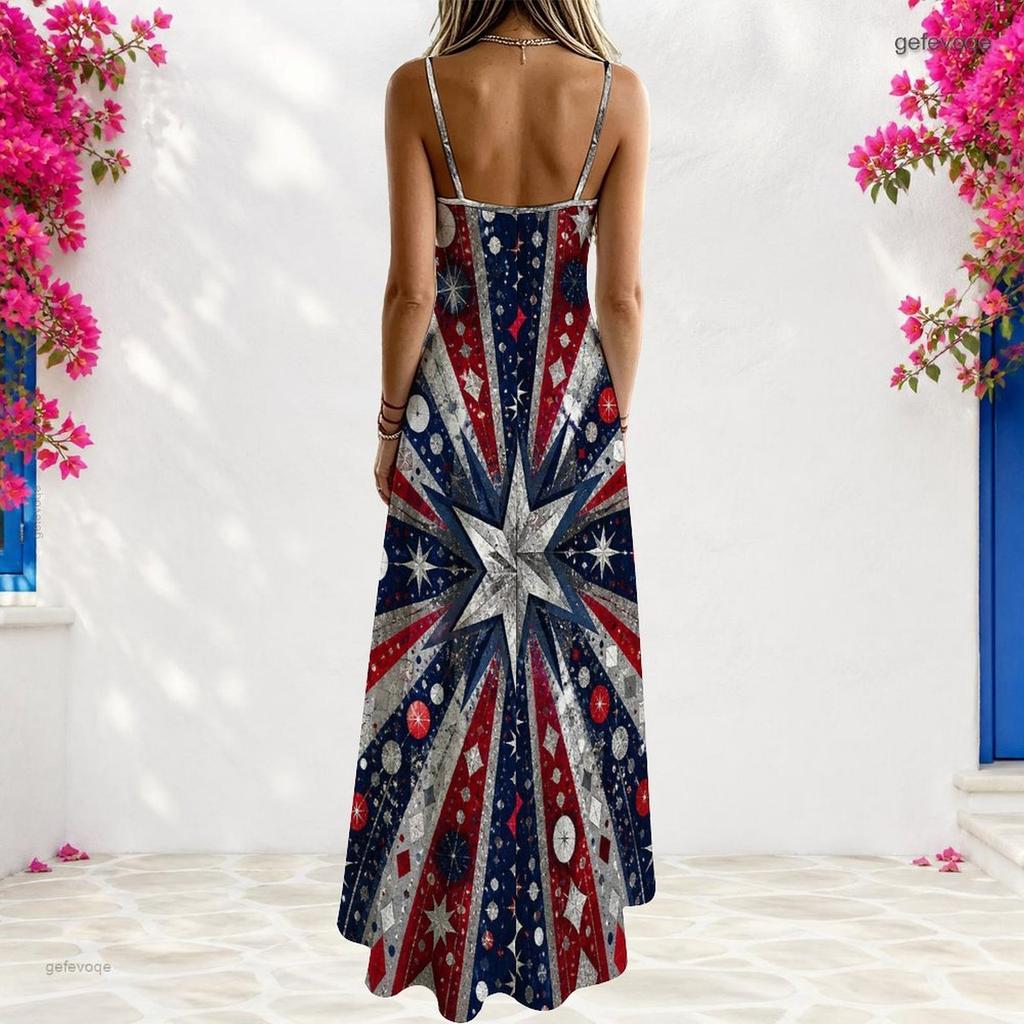 Women Plus Size Off Shoulder V Neck Strappy Sleeveless Star Printed A Line Long Dress