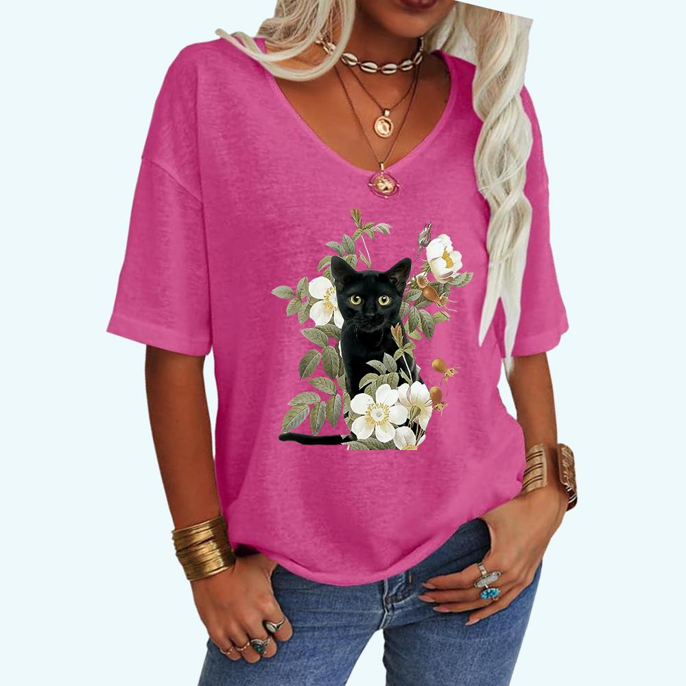 

Женская модная футболка с принтом кота, повседневная свободная футболка с коротким рукавом и V-образным вырезом XXL розовый