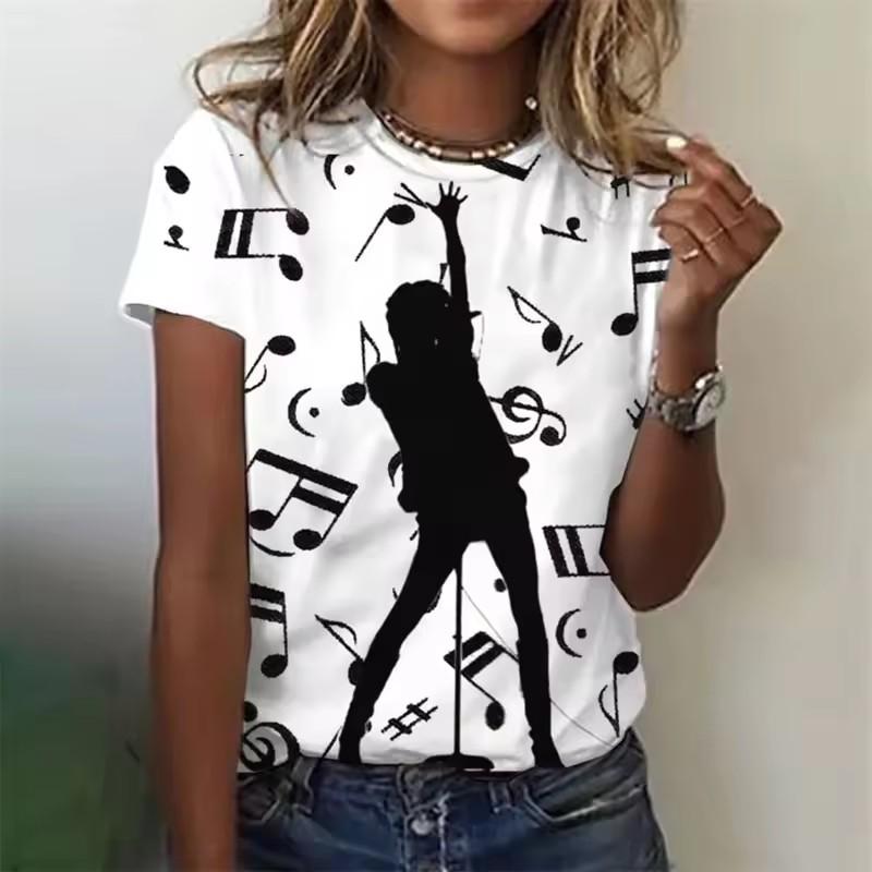 Fashion Music T Shirt Ladies Summer Crew Neck Casual Note 3D Print Funny T-shirts Streetwear Elegant White Black Womens Clothes