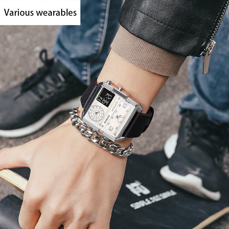 Fashion Casual Men's Watch Multi-functional Waterproof Leather Strap Electronic Watch Square Personality Large Dial