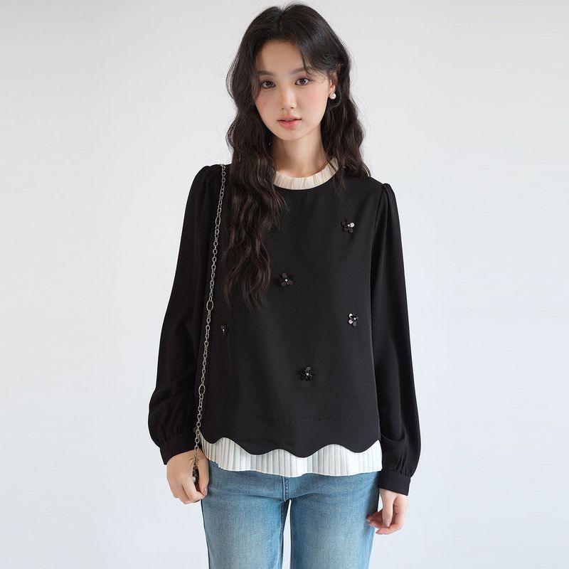3D Beaded Sequin Shirt: Blue Ruoshui Plus Size 2026 Spring New Style Faux Two-Piece Ruffle Top Black L