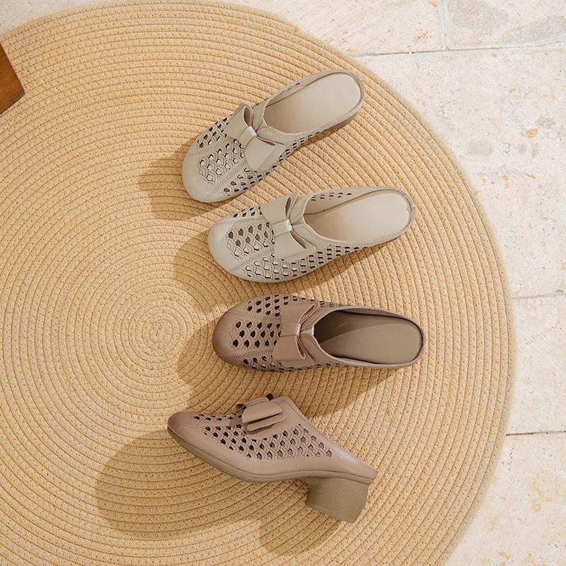 Johnature Women's Slippers Genuine Leather Hollow-out Thick Heel Flower Round Toe Versatile Women's Shoes