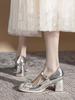 Pearl Bow Silver Round Toe Chunky Heel Mary Jane Shoes Spring Summer Shallow Shoes Fashion High Heeled Footwear