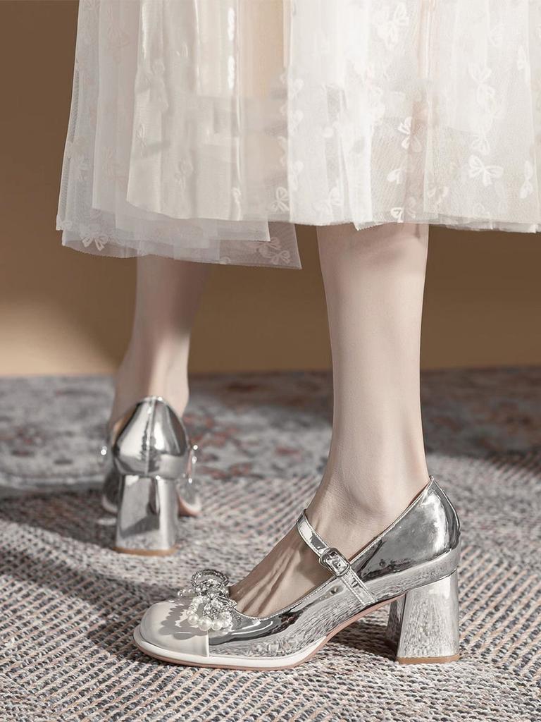 Pearl Bow Silver Round Toe Chunky Heel Mary Jane Shoes Spring Summer Shallow Shoes Fashion High Heeled Footwear