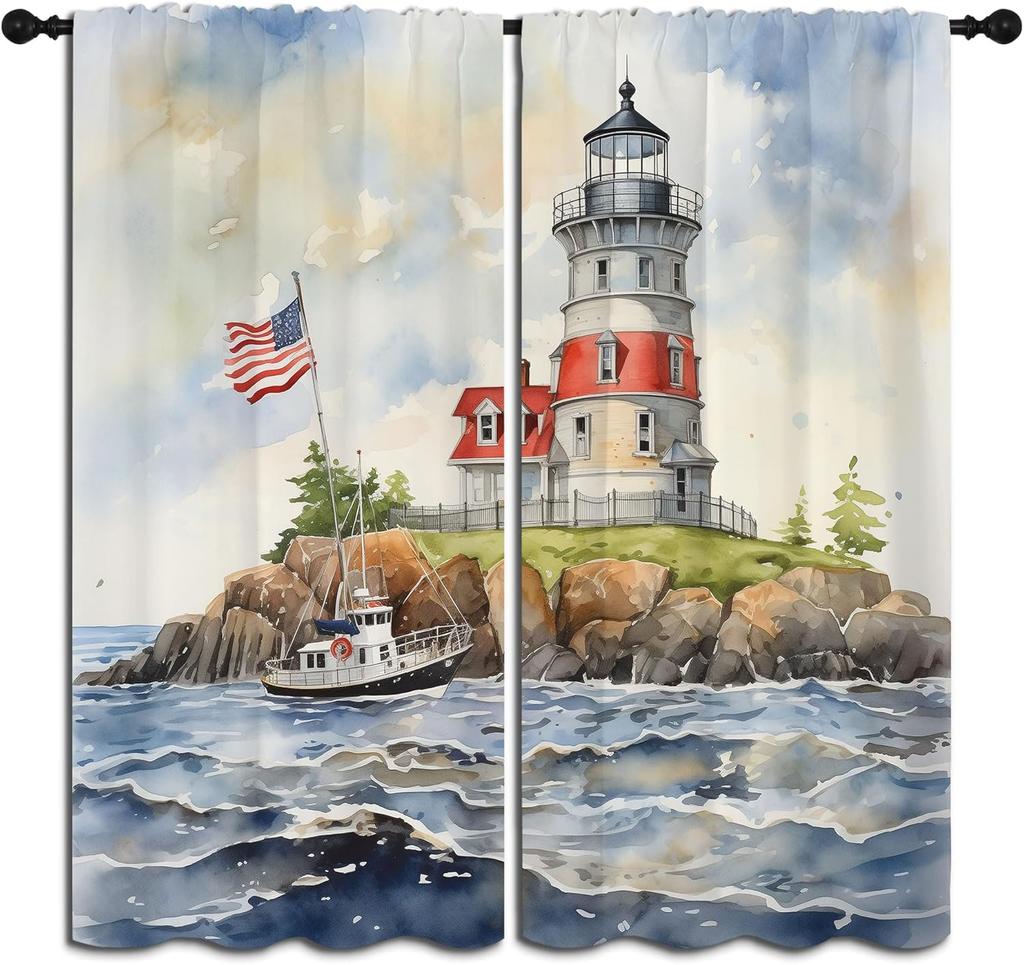 Nautical Lighthouse Rod Pocket Blackout Curta For Boy Girl Bedroom, Waves Seagull Blue Watercolor Art Thermal Insulated Home
