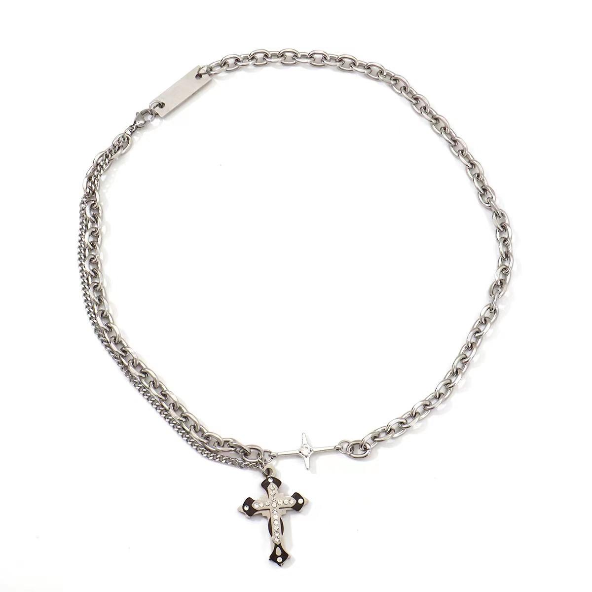 Necklace trendy men stacked cross pendant lettering titanium steel niche design hip hop ins high street accessories