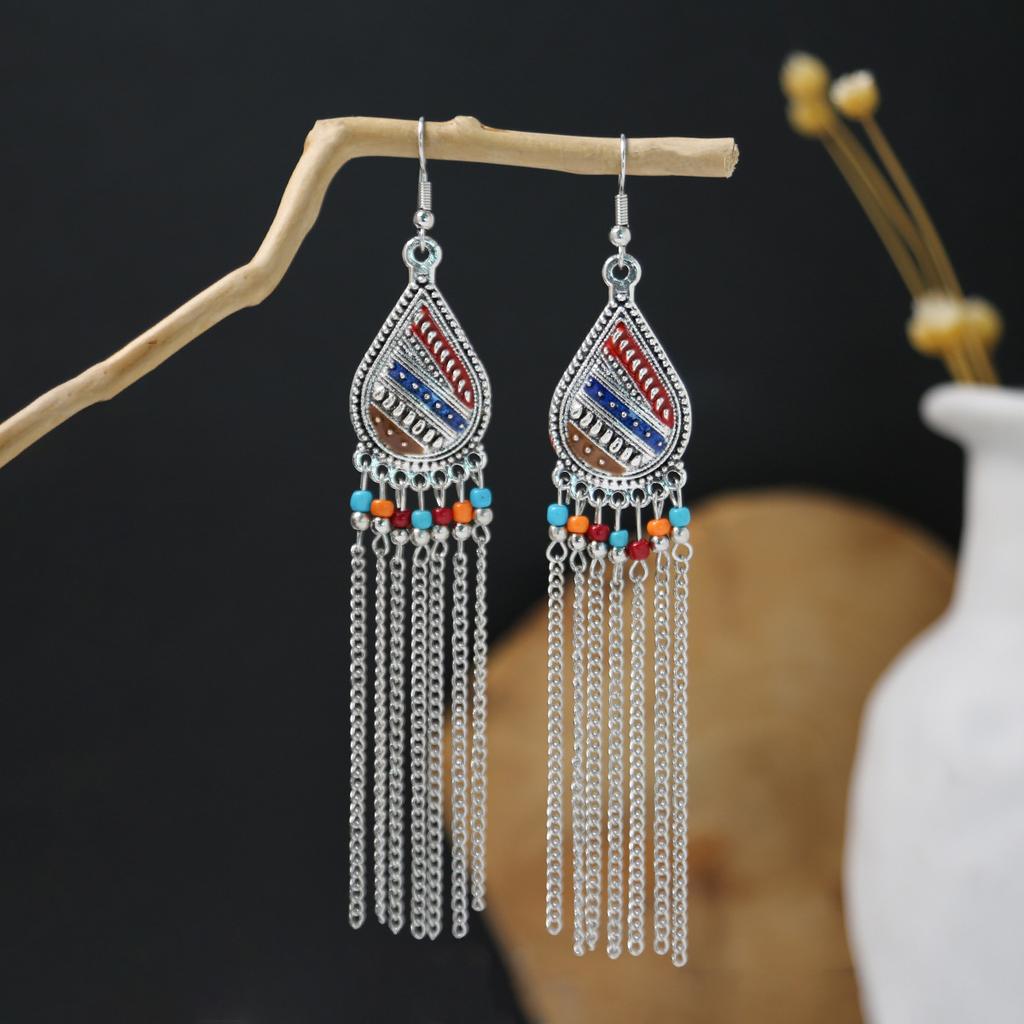 Bohemian Ethnic Style Oval Earrings, Retro Tourist Attractions Ethnic Minority Fringed Beaded Earrings