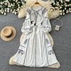Bohemian heavy industry embroidery dress women's summer long-sleeved strap waist A-shaped dress retro ethnic style