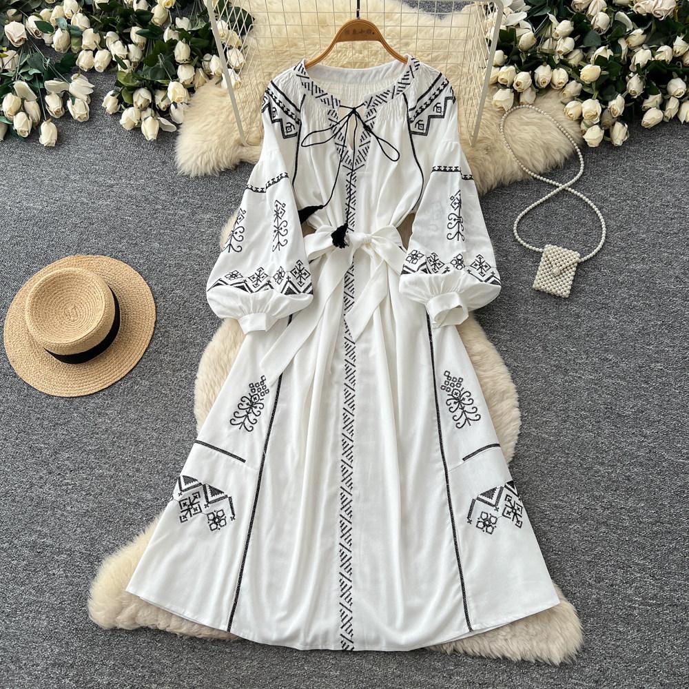 Bohemian heavy industry embroidery dress women's summer long-sleeved strap waist A-shaped dress retro ethnic style