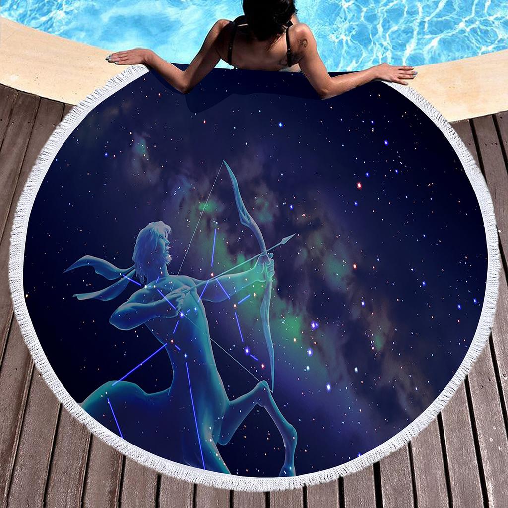 12 Constellation Round Beach Towel, Soft Microfiber Mystery Universe Galaxy Beach Towel Absorbent Towel for Travel Pool Picnic