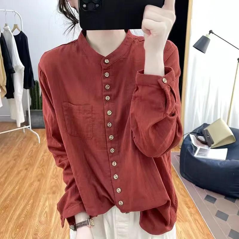 Women's Spring and Autumn Loose Long Sleeved Retro Shirt with Stand Up Collar and Single Breasted Design, Artistic Top
