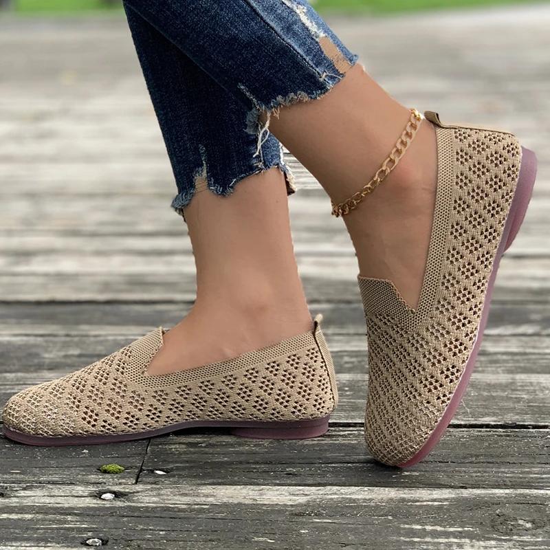 Loafers Autumn Casual Shoes Women Flat Heel Square Toe Hollow-out Sneakers Barefoot Shoe Moccasin Female Knitted 2024 New Work