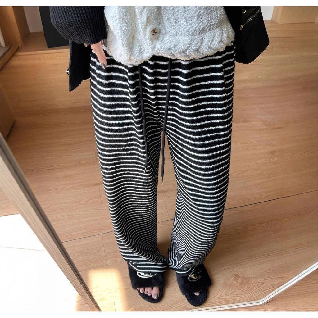 Women's 2025 Striped Terry Pants - Autumn/Winter Casual Lazy Stroll, Narrow Straight Leg, Wide Leg Trousers.