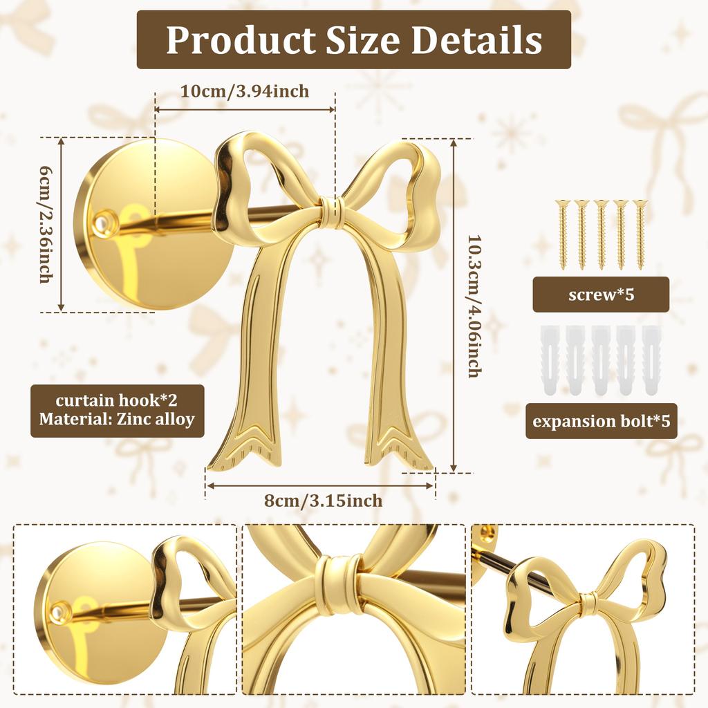 2Pcs Bow Curtain Holdback Gold Metal Curtain Tieback Wall Mounted Bow Wall Hook Pull Back Hook Decoration for Office Bedroom