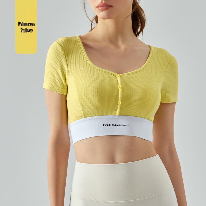 

Women s Cross-Strap Color Block Yoga Top with Removable Cups, Sweetheart Neckline, Short Sleeves. Small