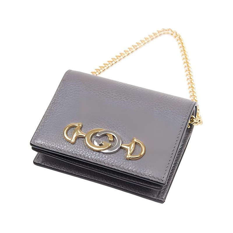 Gucci Zumi Double G buckle grained leather chain card holder wallet handbag women's gray classic recommendation