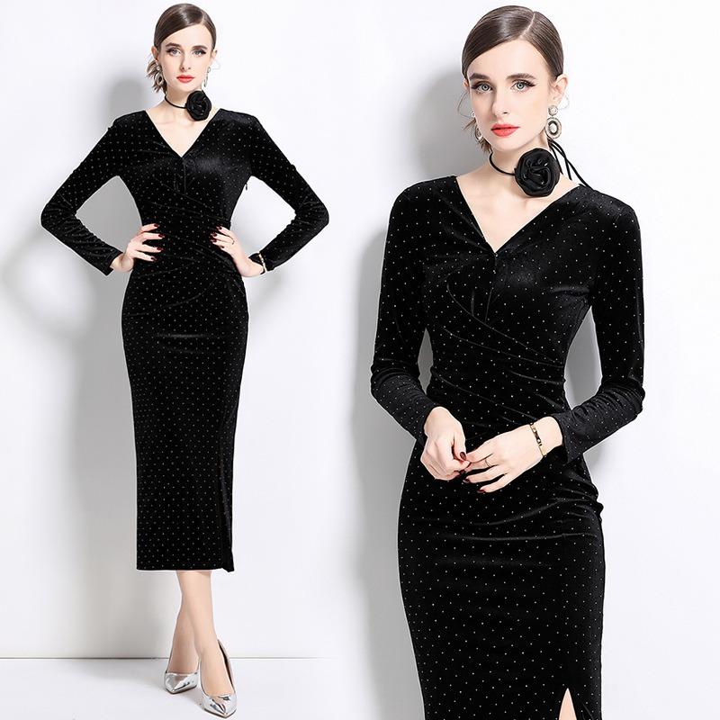Spring Autumn Women V-neck Vintage Black Velvet Slim Bodycon Evening Party Pencil Dresses