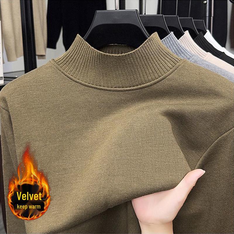 Men's Black Fleece Half-High Neck Sweater, Autumn/Winter Layer, Boys' Base Layer Knitwear