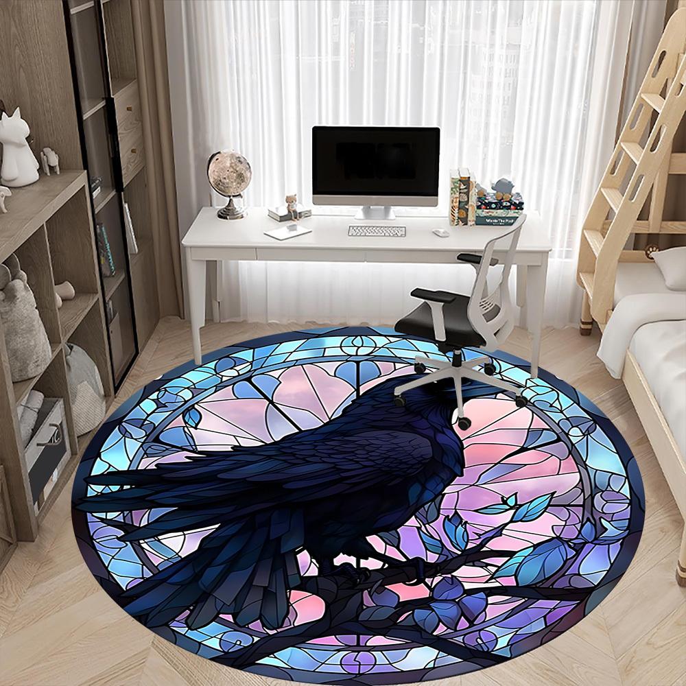 1pc Stained Raven Window Office Round Area Rug, Under Office Chairs Bedroom Living Room Home Decor, Room Deco