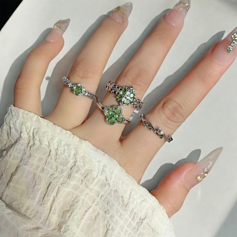 Spring And Summer Color Treasure Olive Green Zir*****Pen Ring Branches Flowers Full Of Diamonds High-End Light Luxury Personality Ring