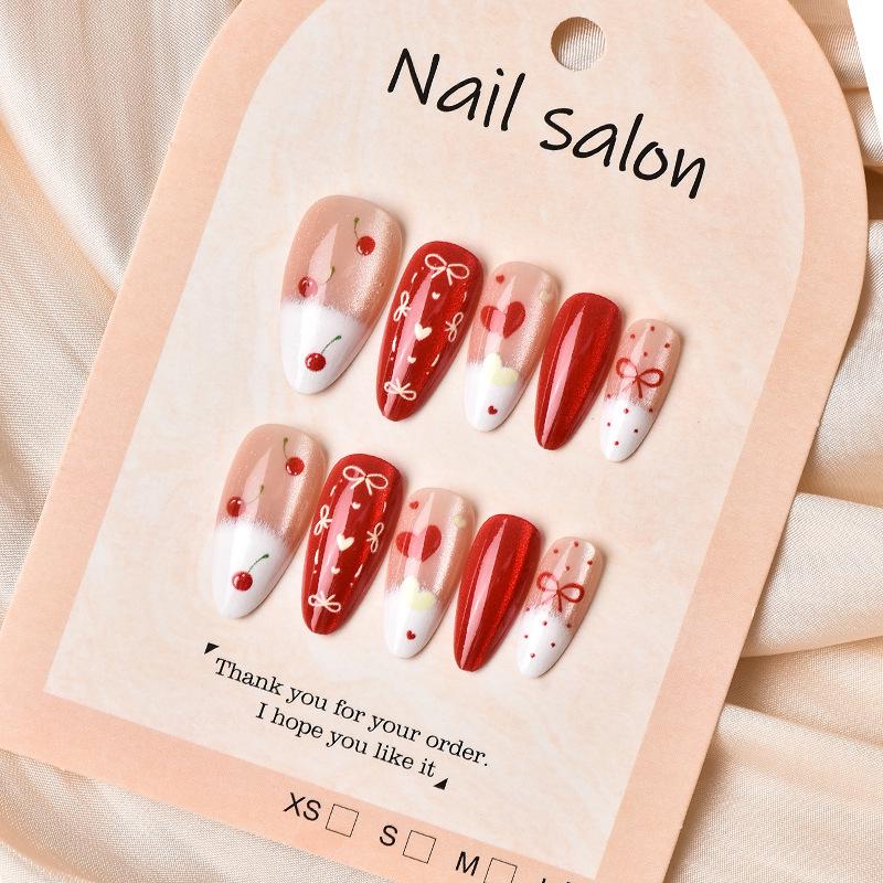 24-Piece Holiday Nail Tips Set: Almond Shape, Cherry Heart, Bow French, Cat Eye Designs Bestseller (24 pieces per box)