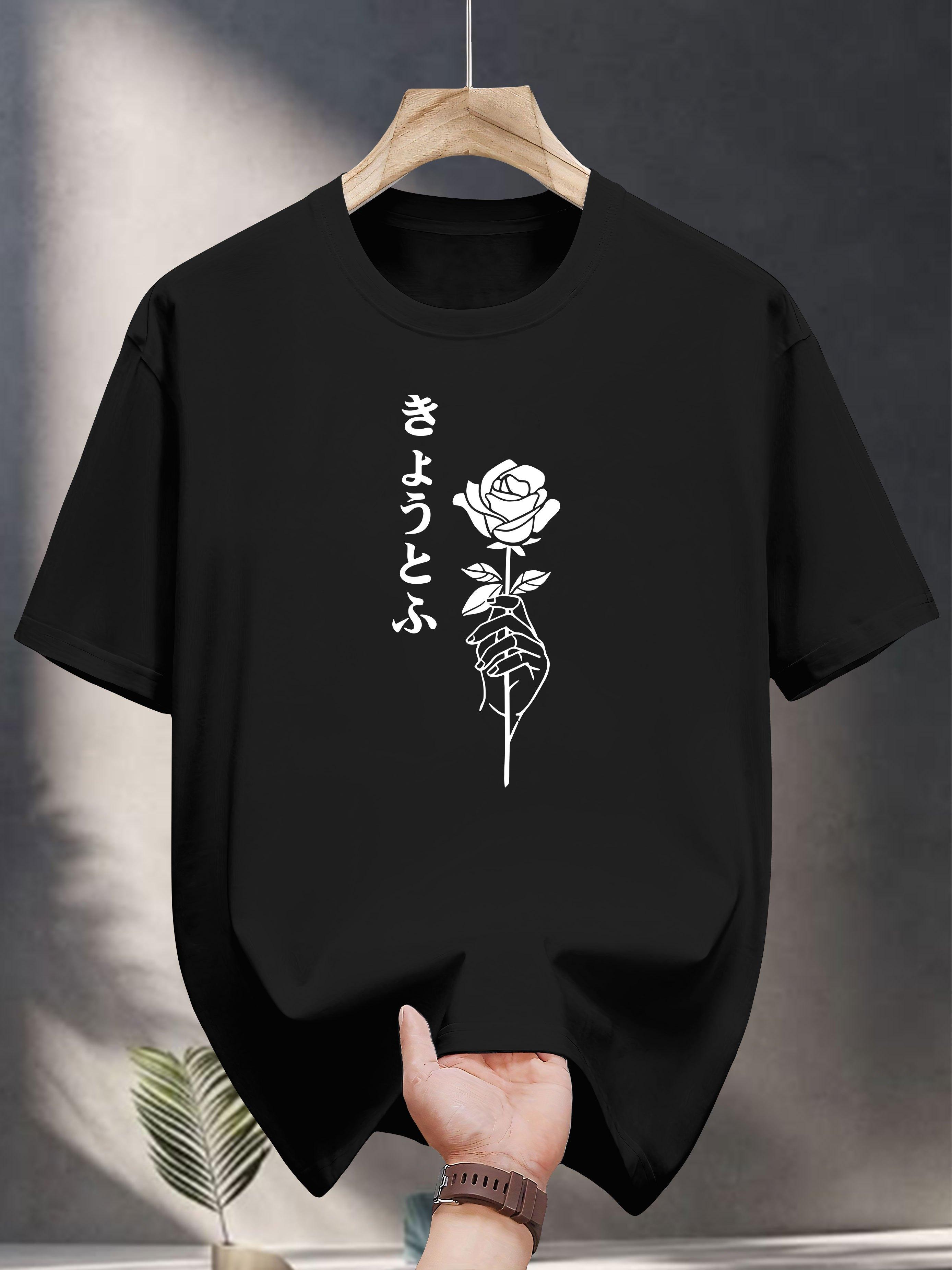 200g 100% Cotton Short Sleeve T-shirt - Black Casual Summer Tee with White Rose & Japanese Text Print XXL