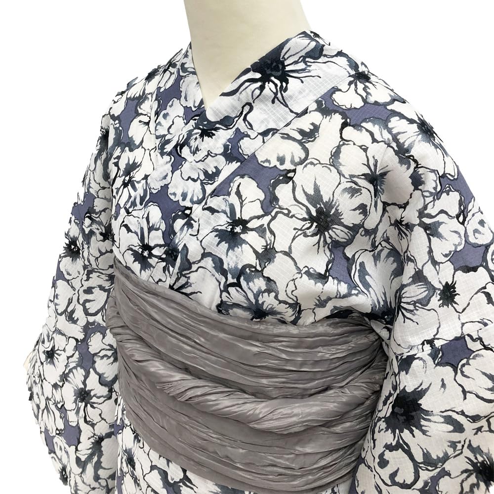 Kyoto Kimono Yuzen Women's Yukata Set with Obi, 2-Piece Set, Floral Print, Summer Kimono, Cotton Red Plum Blossoms (Gray)