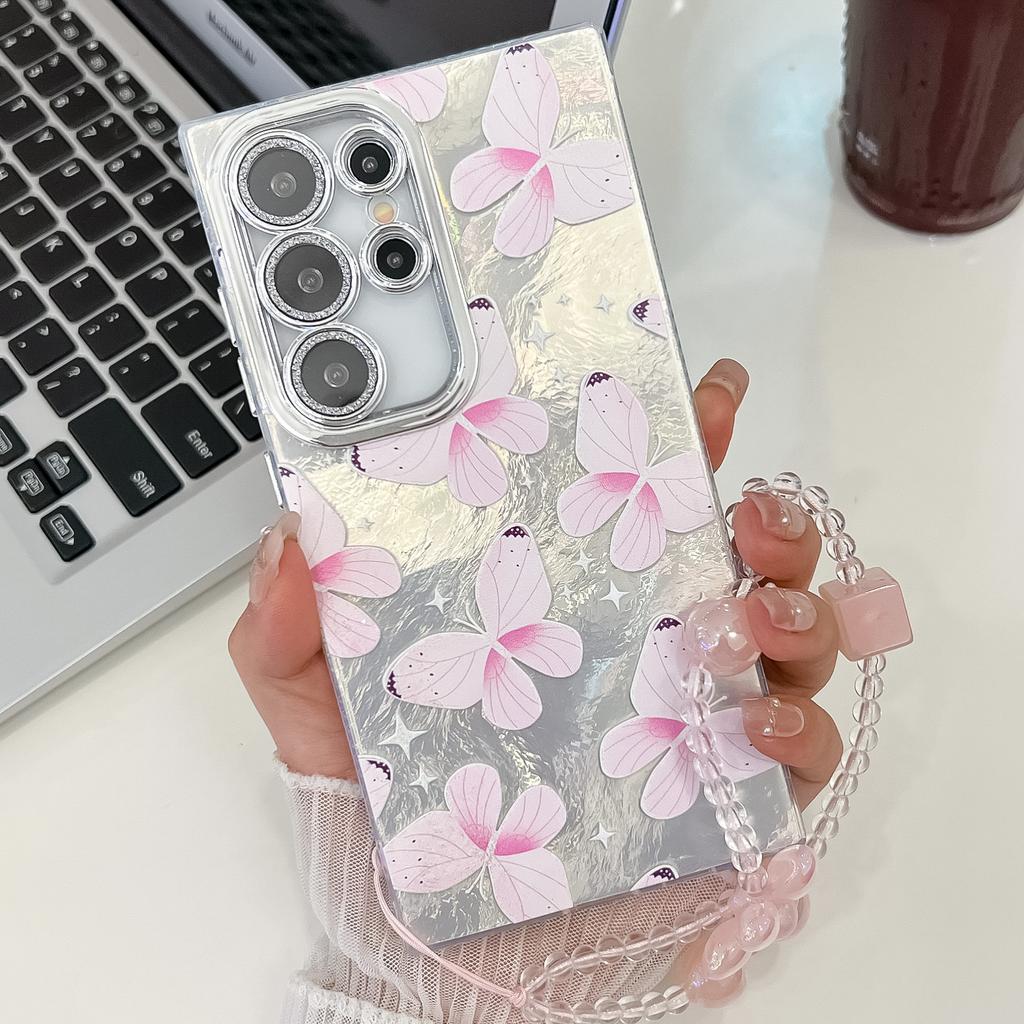 Small Fresh Embossed Butterfly Suitable for Samsung S25 Ultra Electroplated Mobile Phone Case Bracelet S24 Flash Powder Lens Film A56