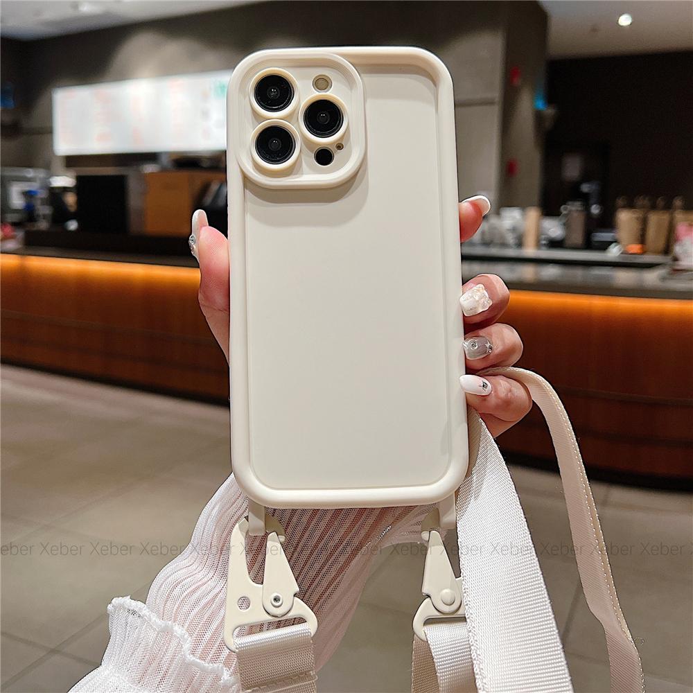 INS Crossbody Necklace Lanyard Soft Silicone Holder Case For iPhone 16 14 11 12 13 15 Pro Max XS X XR 8 7 Plus Solid Color Cover