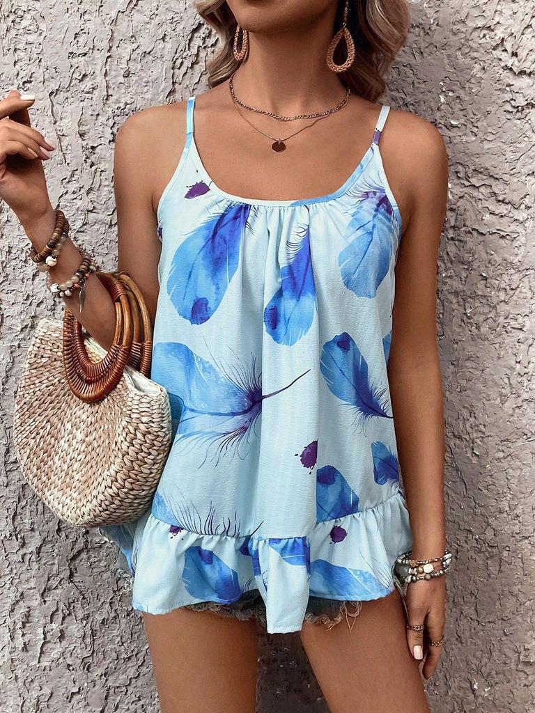 Summer new women's clothing sling vest feather print loose and comfortable casual pullover top