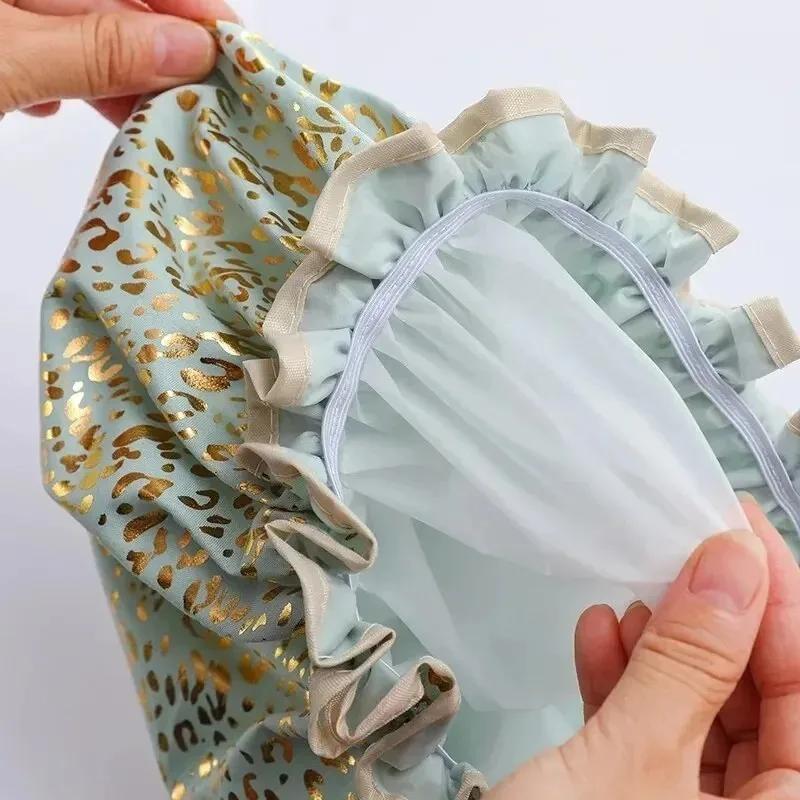 Double Shower Cap Waterproof Hair Cap Hot Gold Printed Terylene Cotton Shower Hat Bathing Comfortable Women Eco-Friendly