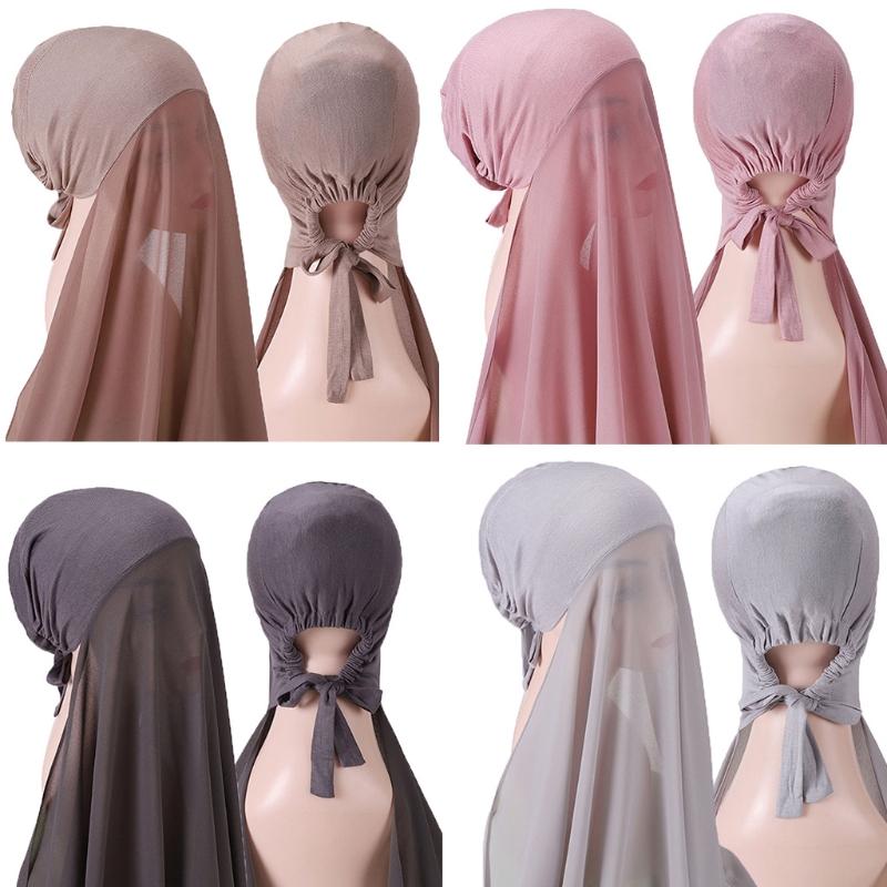 Touca Muçulmana com Cordão Xale de Chiffon Conveniente Faixa Elástica Boné Sublenço Islâmico Interno Cobertura para a Cabeça