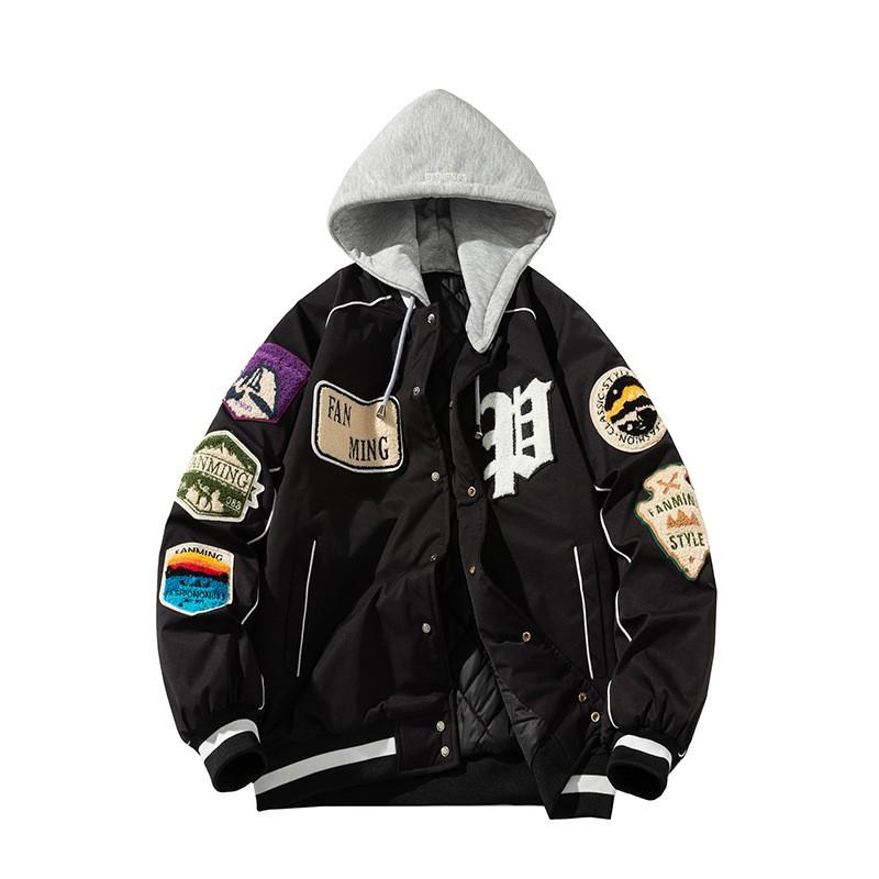 Giacca da Baseball con Cappuccio Streetwear da Uomo Spessa Fodera in Pile Misto Cotone Toppa Ricamata Vestibilità Larga Capospalla Invernale