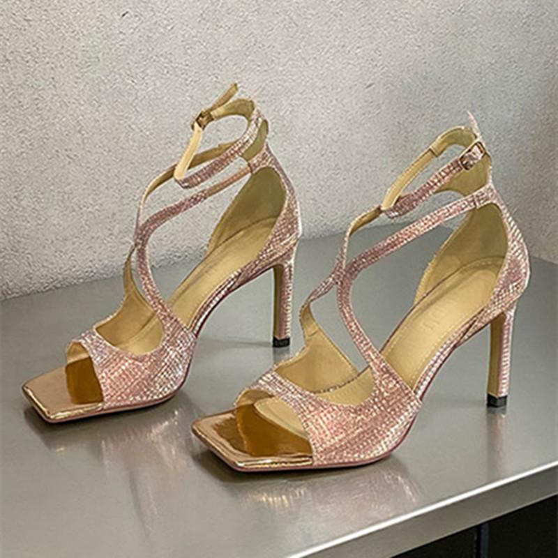 

Fashion Pink Bling Cross Tied Brand Heeled Sandals Women Fashion Square Toe Ankle Buckle Design Slide Sandals Luxury Party Dress Shoes 40