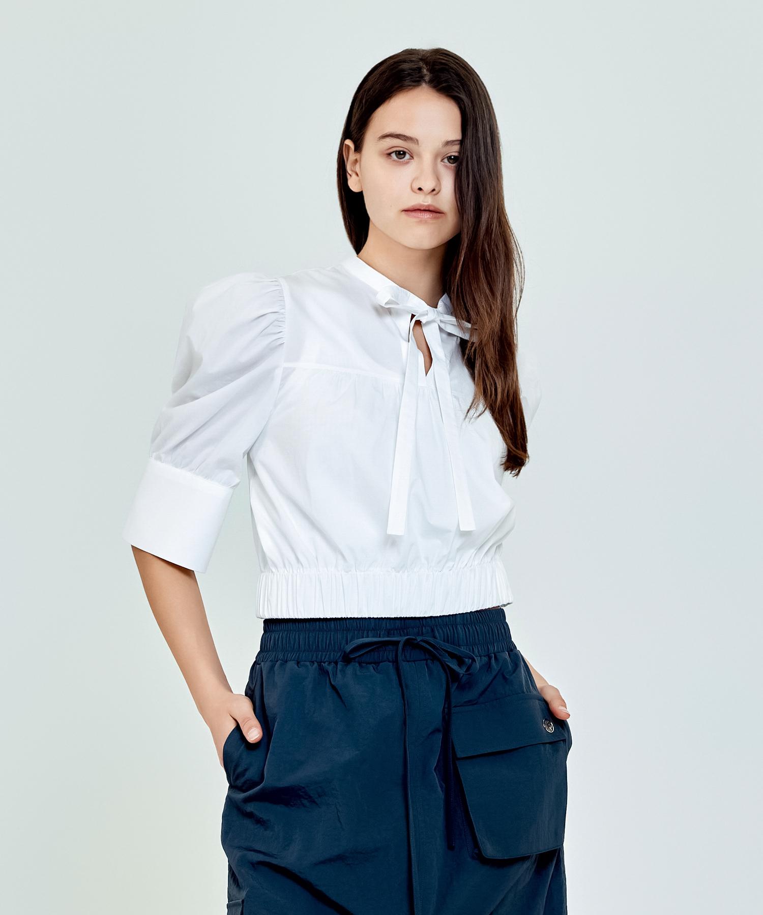 Depassion Ribbon Shirred Short Sleeve Blouse (White) Free/Free
