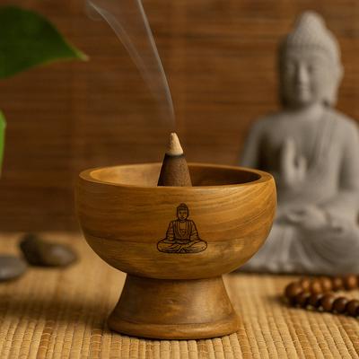Incense Cone Holder Wooden Bowl Buddha Engraved