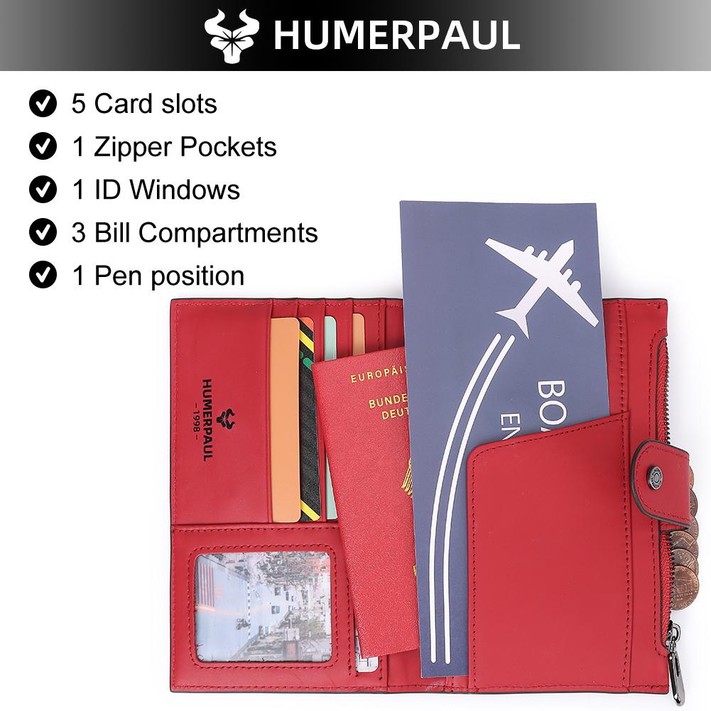 Humerpaul Ladies Leather Wallet Large-capacity Wallet Multi-function Coin Purse First Layer Cowhide Wallet Passport Holder Travel Card Holder