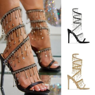 Fashion 2024 Black Gold Wrap Rhinestone Pendant Sandals Woman Summer 11cm High Heel Crystal Chain Wedding Banquet Women Shoes Size 42