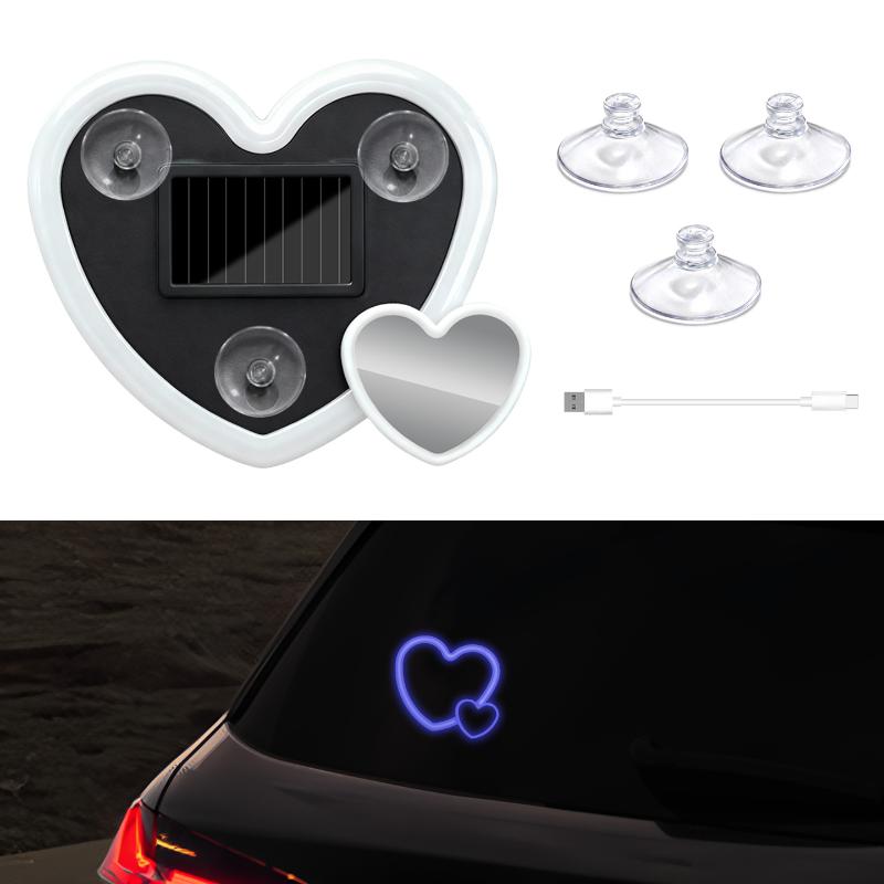 1 Set Car Window Suction Cup Led Atmosphere Light Heart Shaped Car Ambient Light 500Mah Solar/Usb-C Rechargeable Neon Lamp