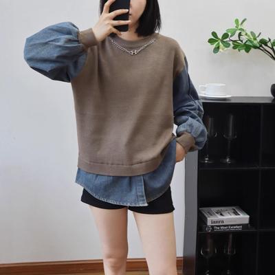 Splicing Denim Knitted Sweater Top Autumn and Winter New Design Sense Loose Fake Two-piece Sweater Pullover Women