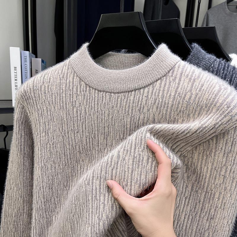 Men s Ferret Velvet Knit Fleece Pullover: Warm Round Neck Casual Fashion Base Layer Sweater 110 абрикосовый