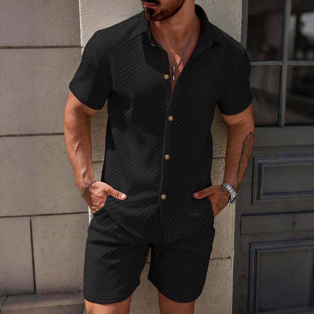 Men's Spring Solid Jacquard Lapel Cardigan & Shorts Set