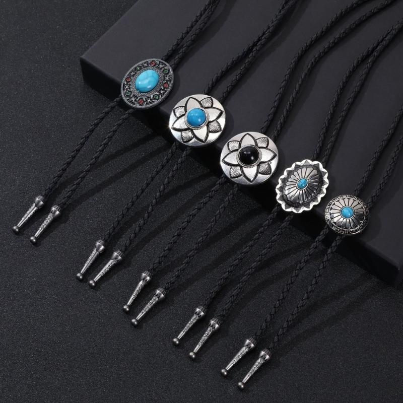 5Pcs Metal Flower Stone Cowboy Bolo Tie Western Faux Leather Rope Necktie Jewelry Shirt Collar Chain Vintage Necklace